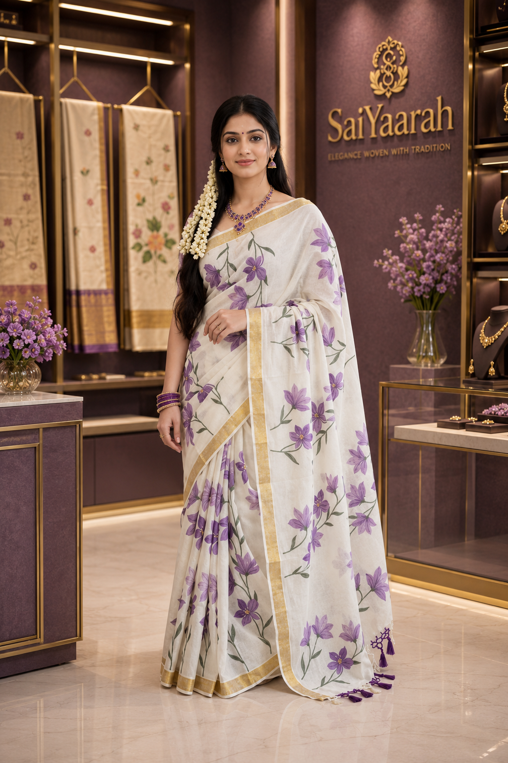 Lavender Floral Kerala Saree