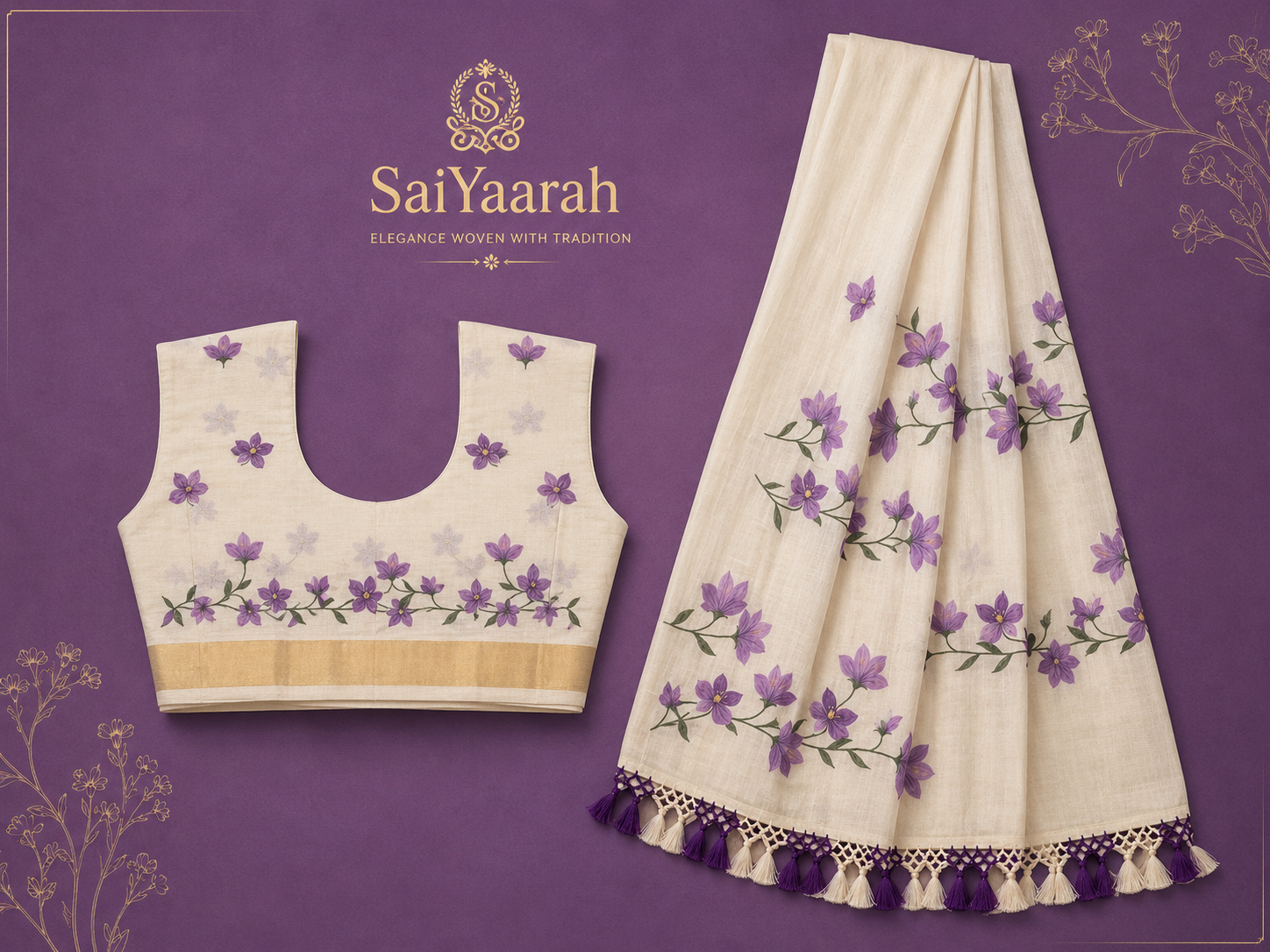 Lavender Floral Kerala Saree