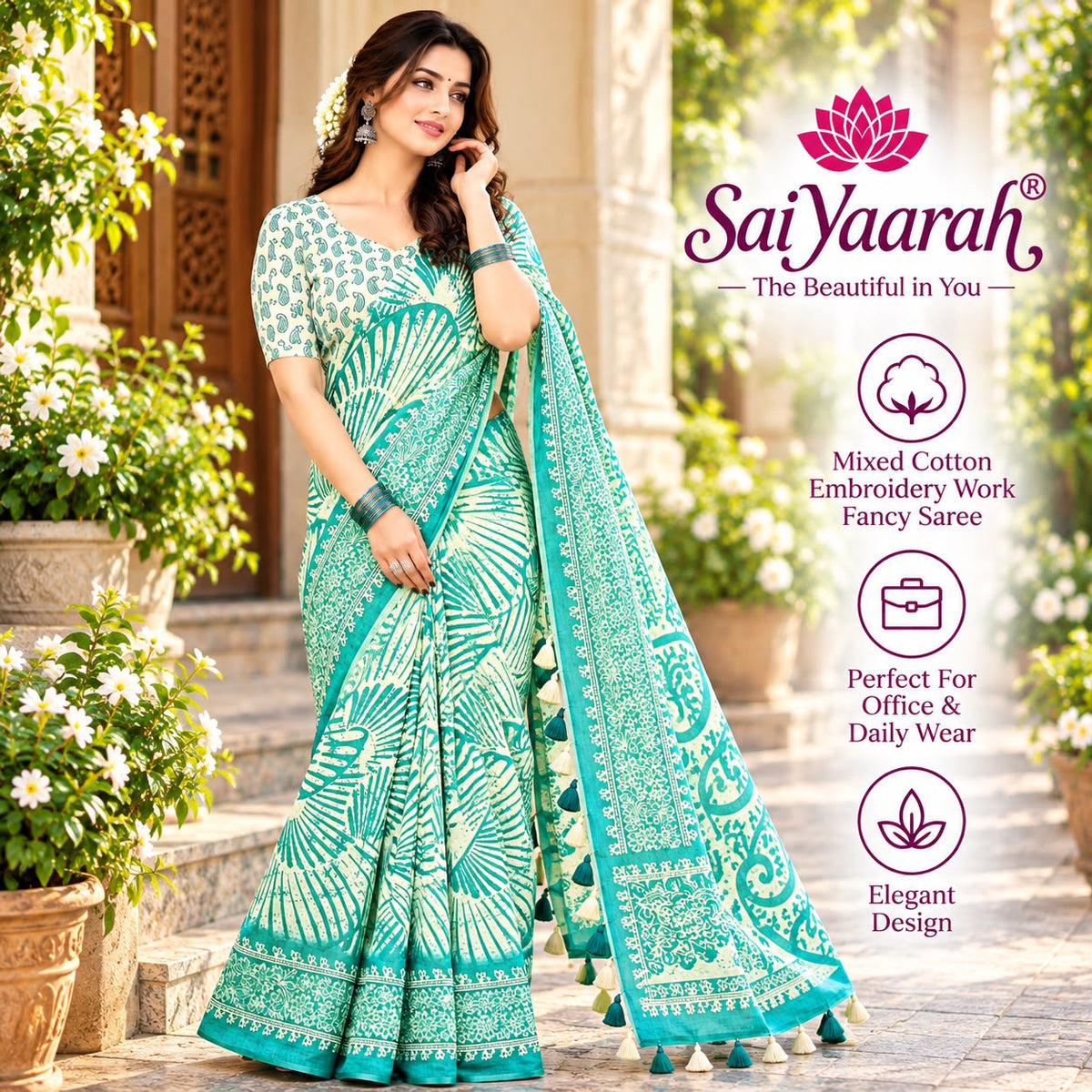 SaiYaarah – Mixed Cotton Embroidery Fancy Saree
