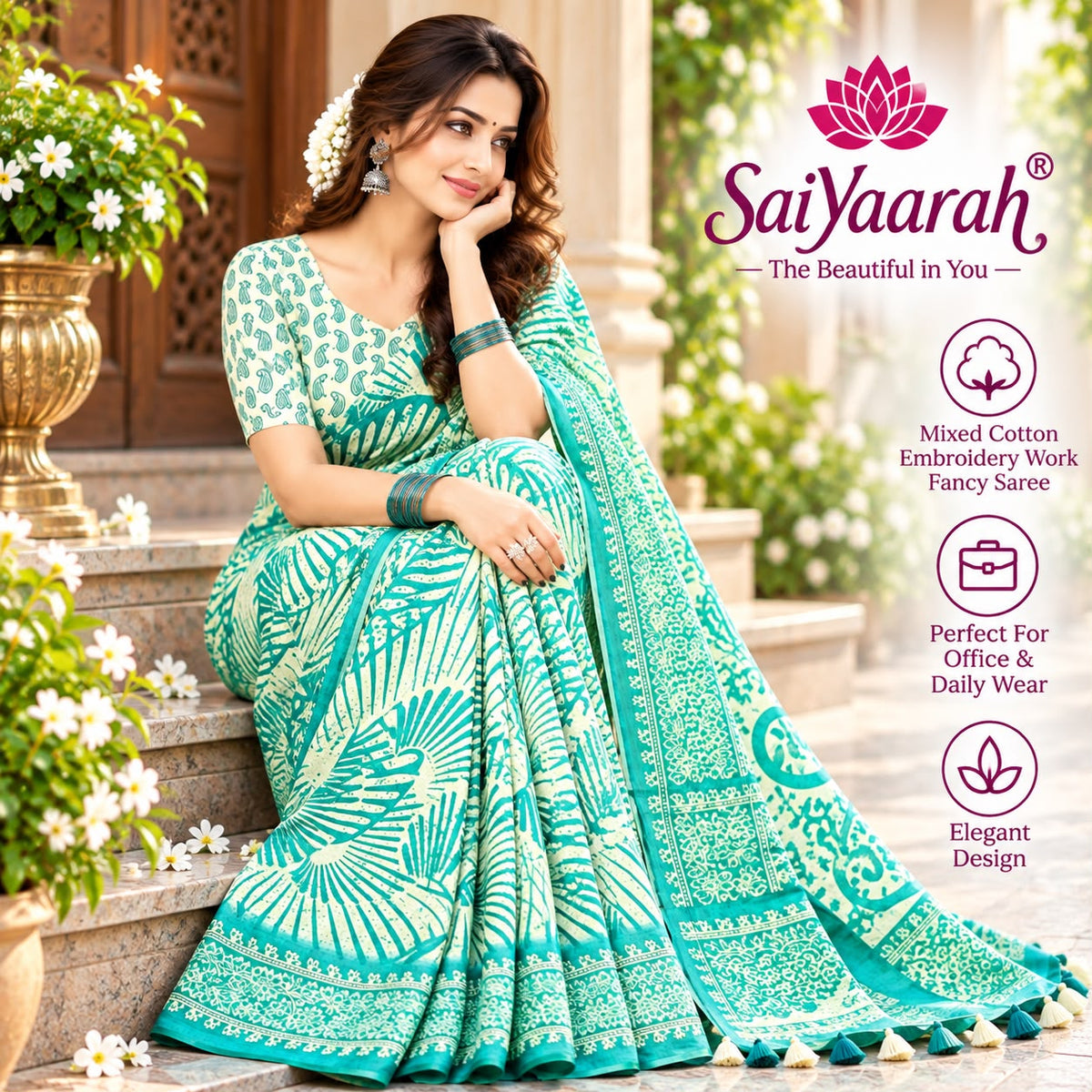 SaiYaarah – Mixed Cotton Embroidery Fancy Saree