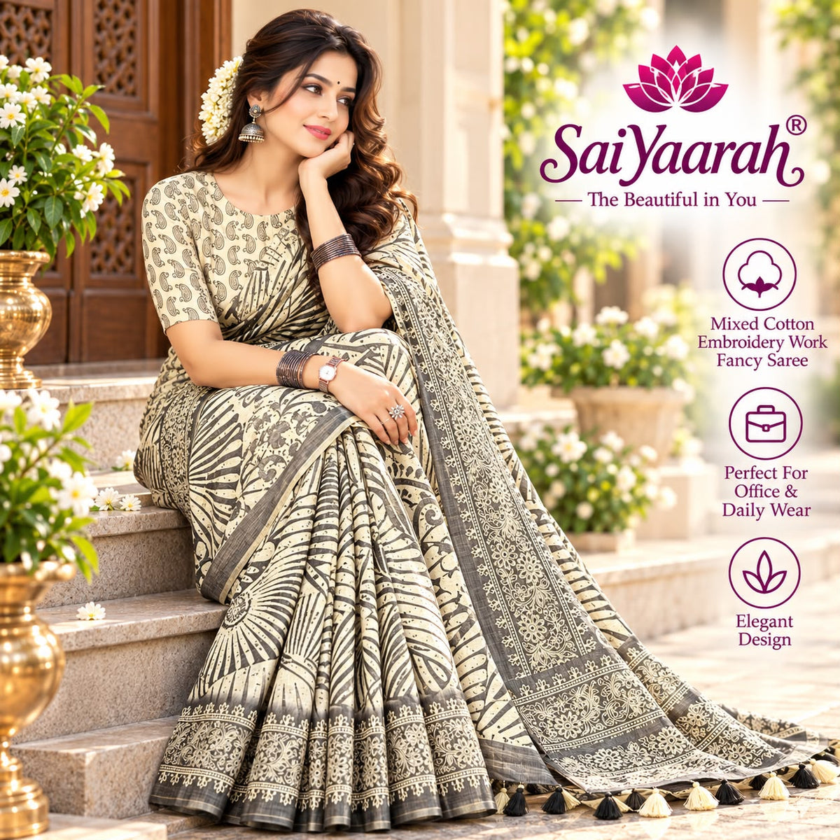 SaiYaarah – Mixed Cotton Embroidery Fancy Saree
