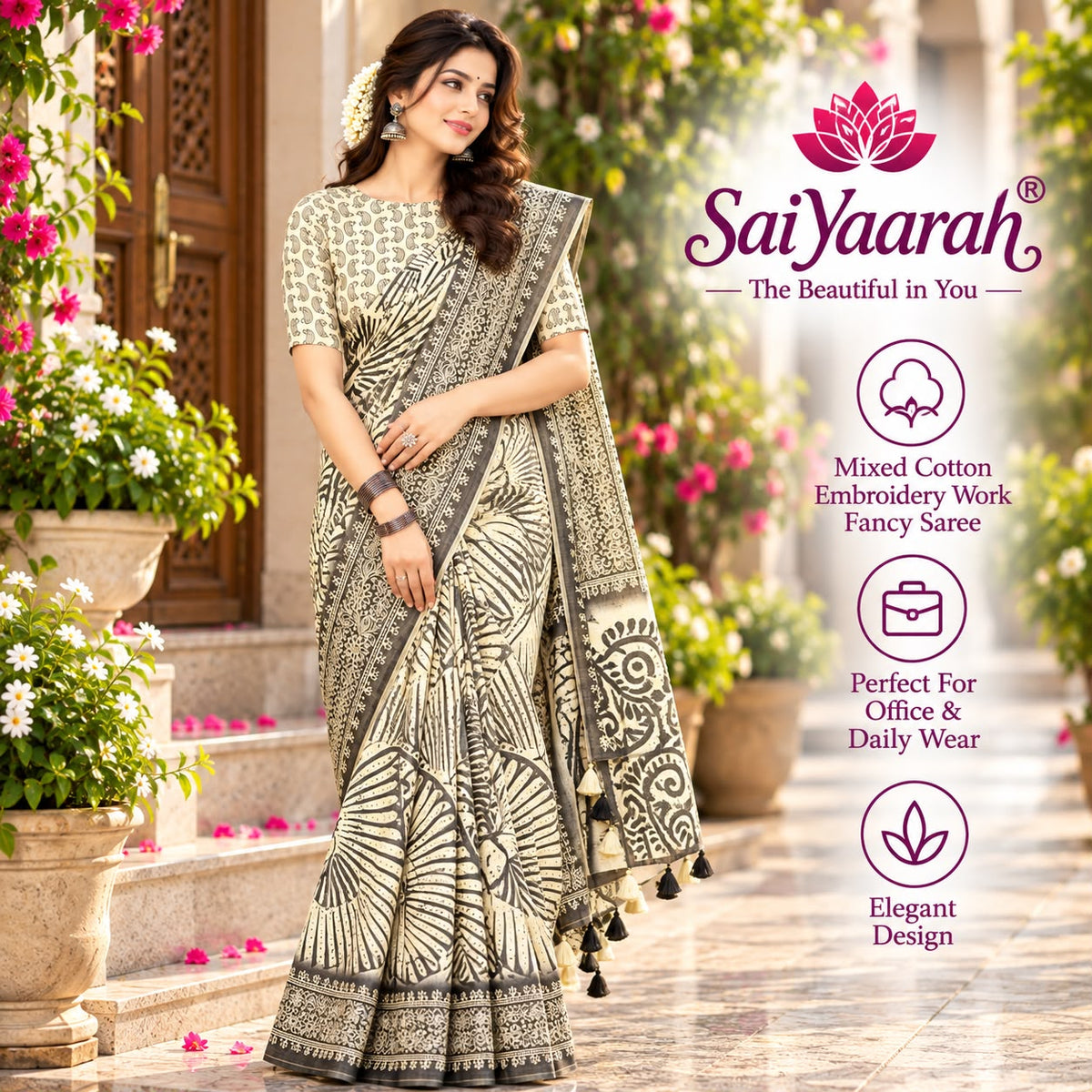 SaiYaarah – Mixed Cotton Embroidery Fancy Saree