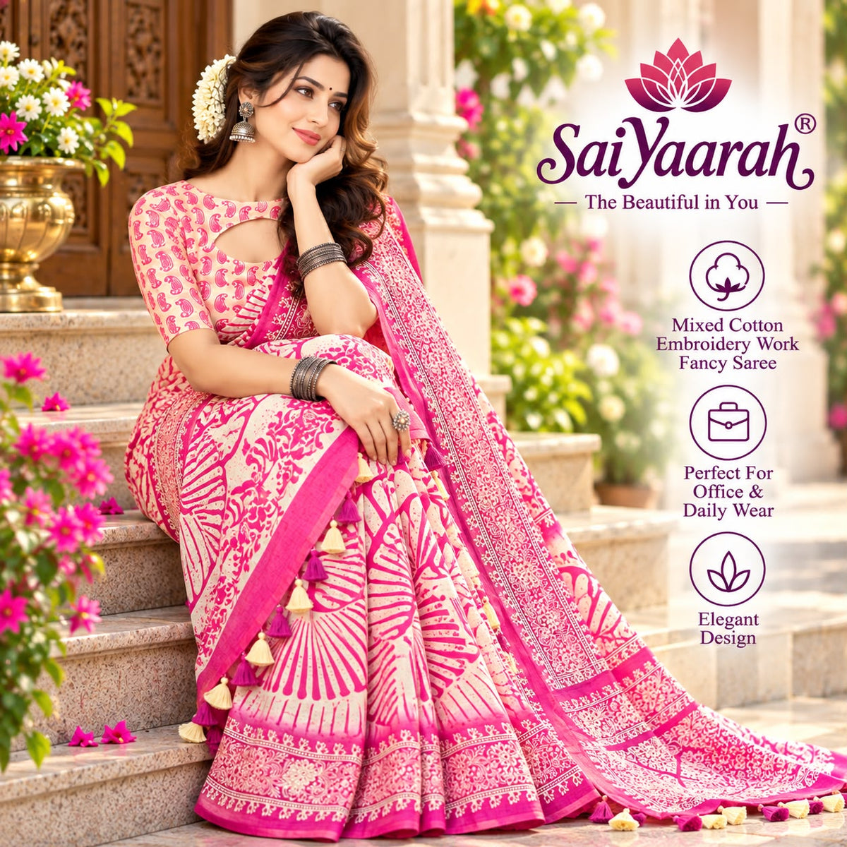 SaiYaarah – Mixed Cotton Embroidery Fancy Saree