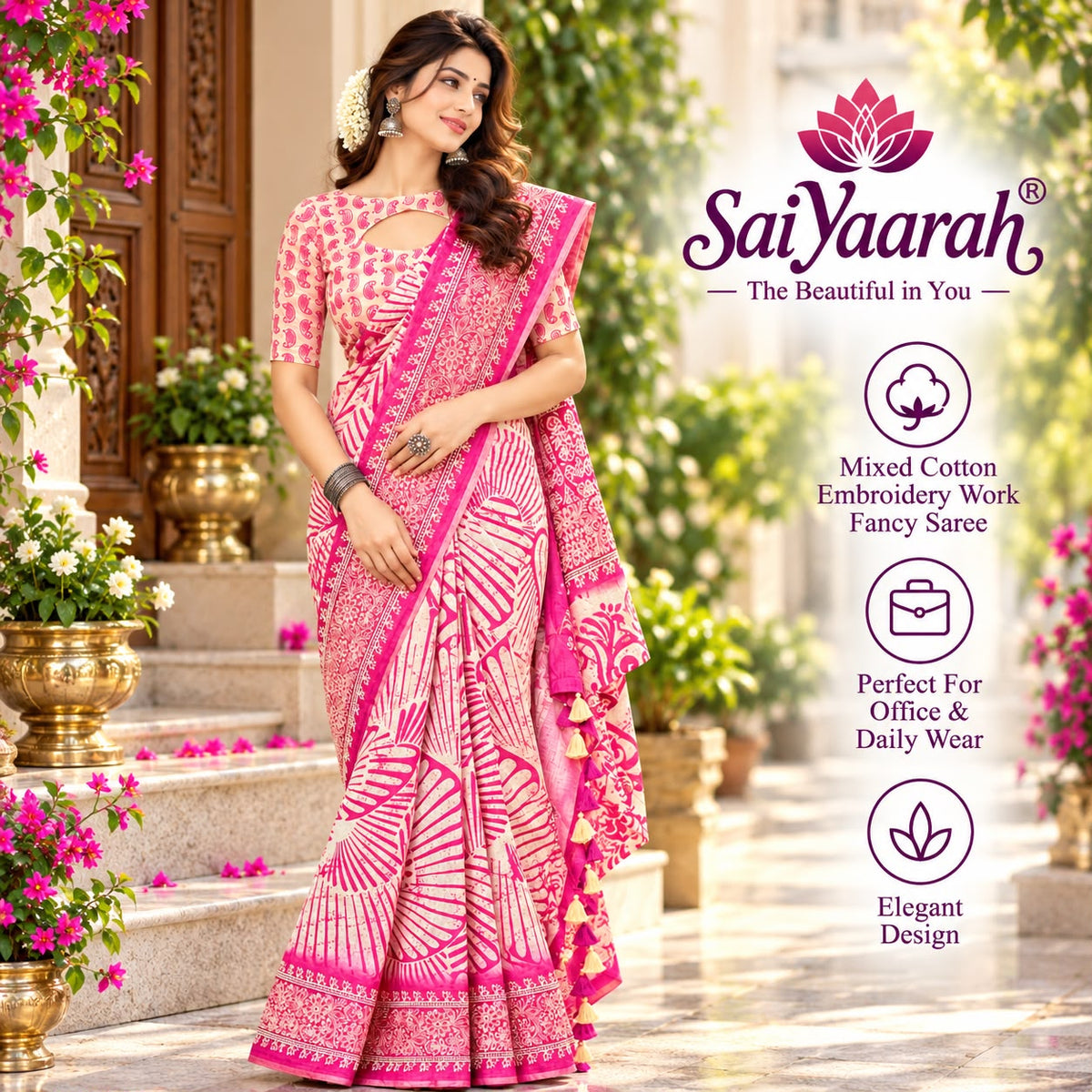 SaiYaarah – Mixed Cotton Embroidery Fancy Saree