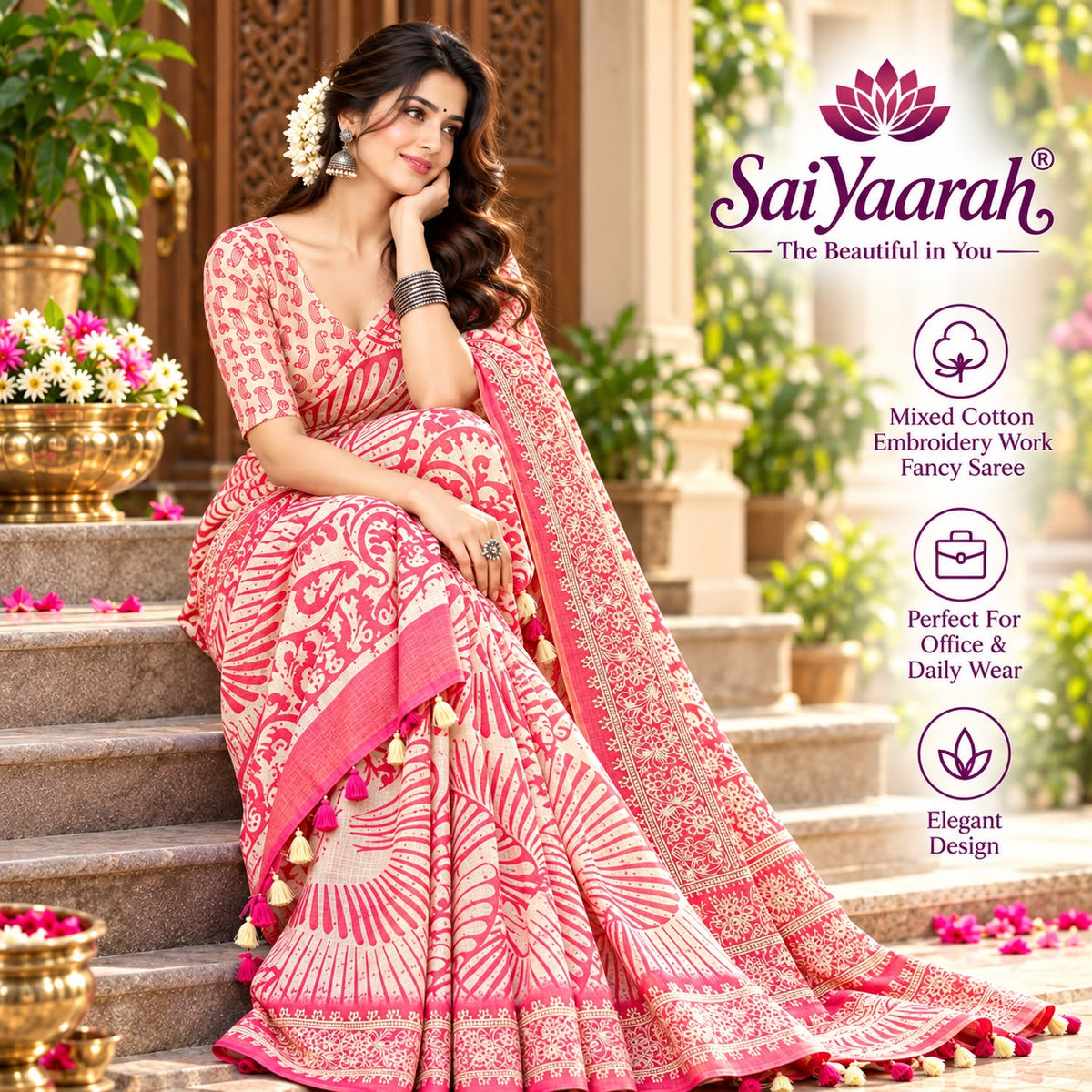 SaiYaarah – Mixed Cotton Embroidery Fancy Saree