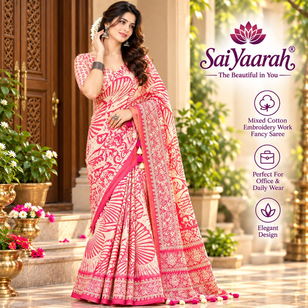 SaiYaarah – Mixed Cotton Embroidery Fancy Saree