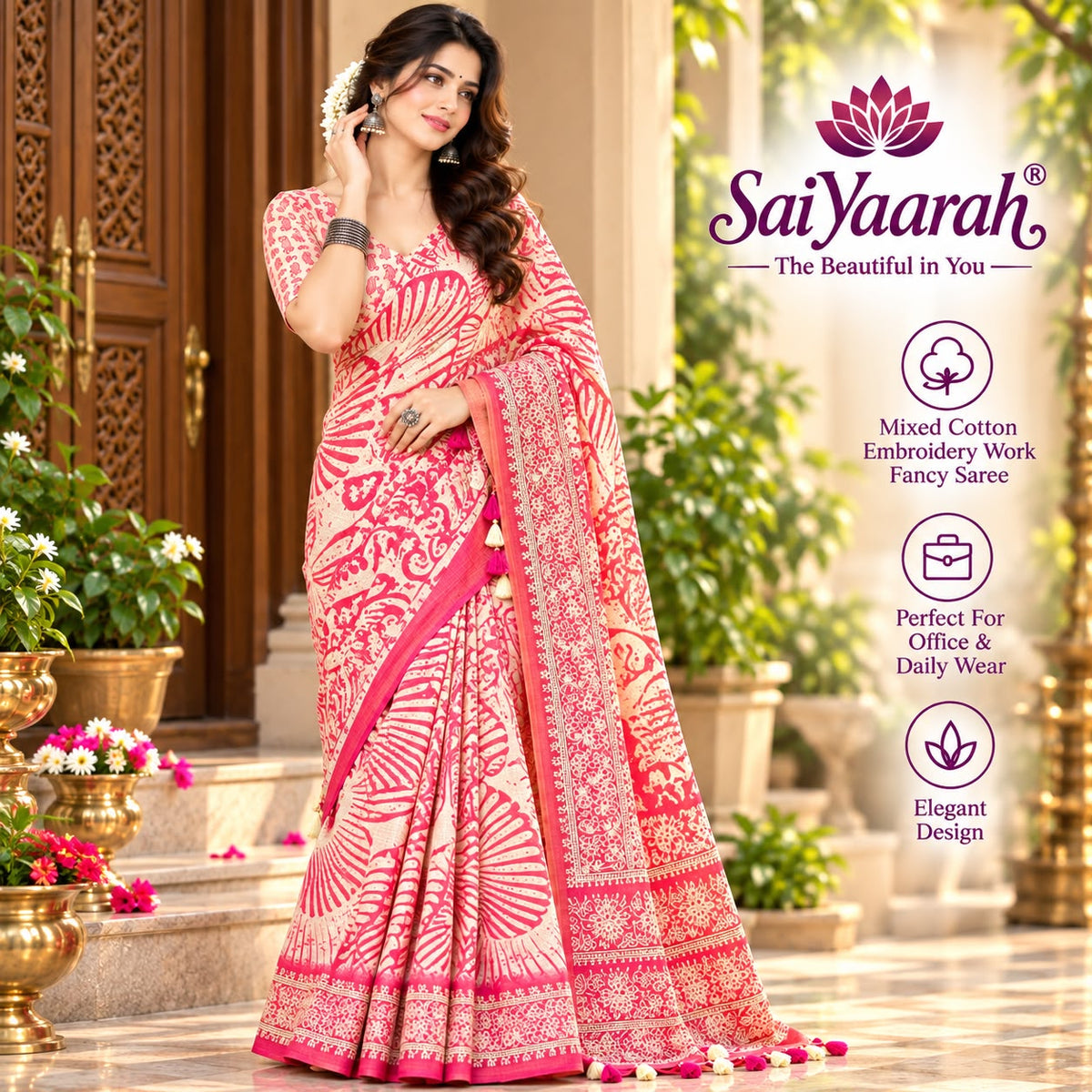 SaiYaarah – Mixed Cotton Embroidery Fancy Saree