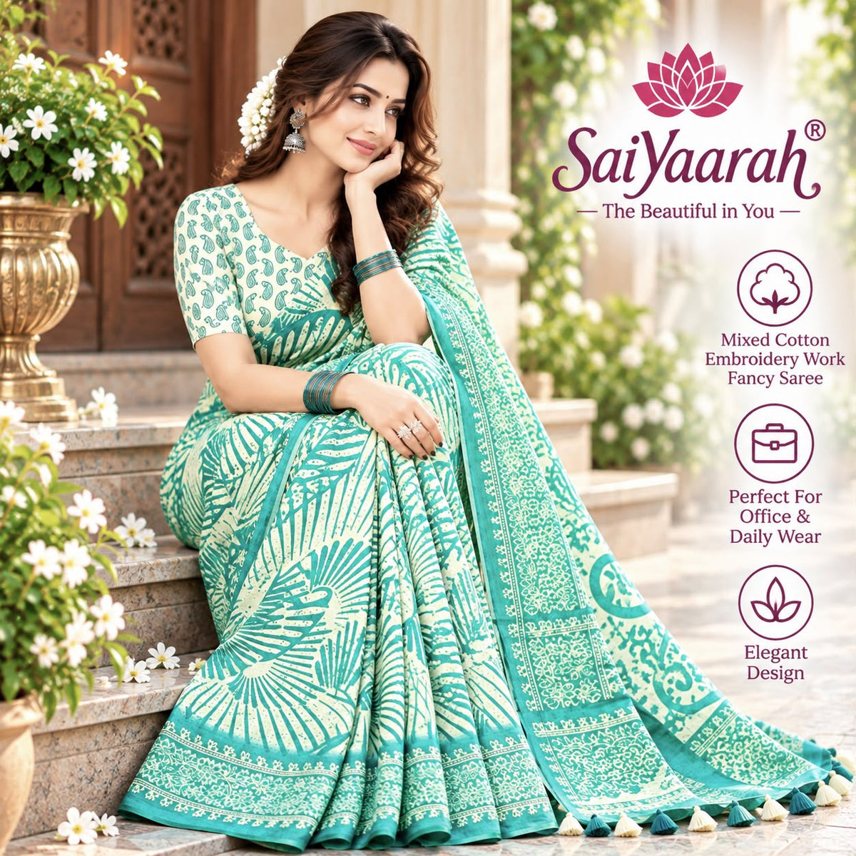 SaiYaarah – Mixed Cotton Embroidery Fancy Saree