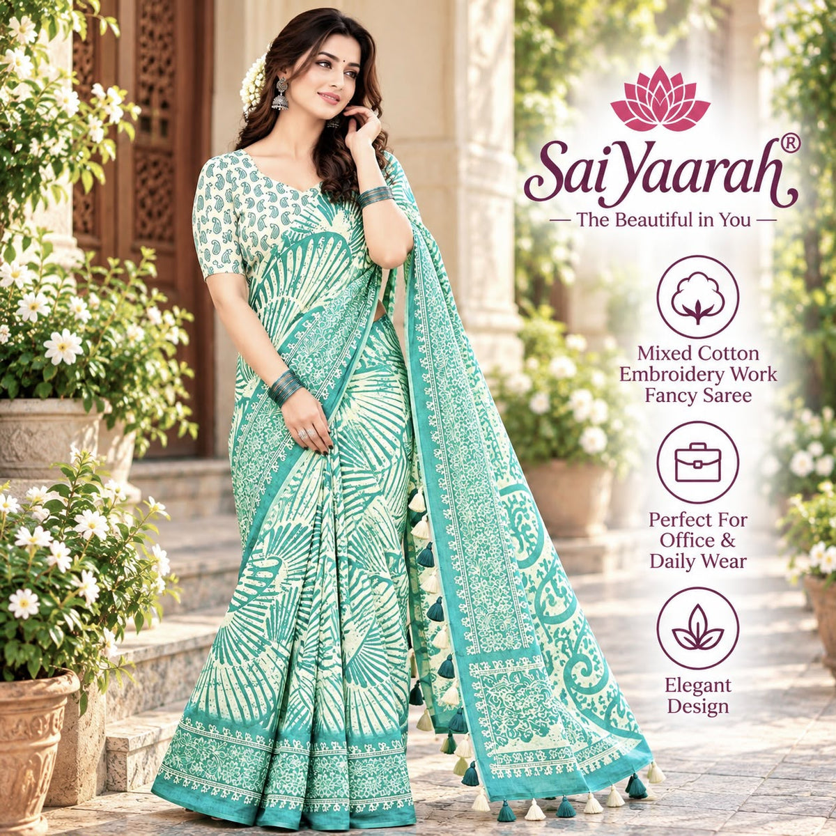 SaiYaarah – Mixed Cotton Embroidery Fancy Saree