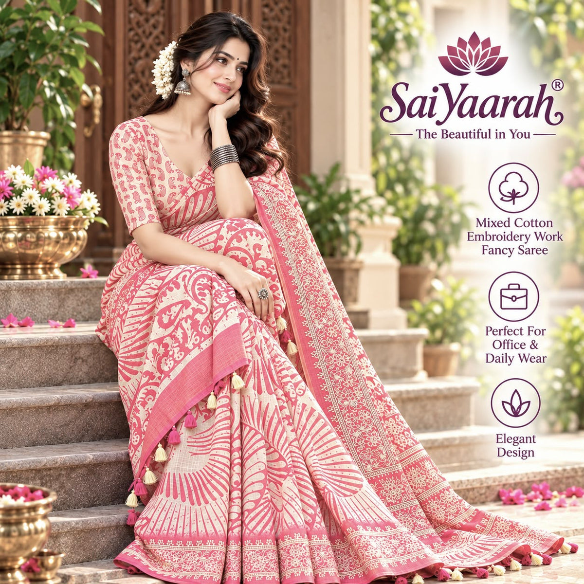 SaiYaarah – Mixed Cotton Embroidery Fancy Saree
