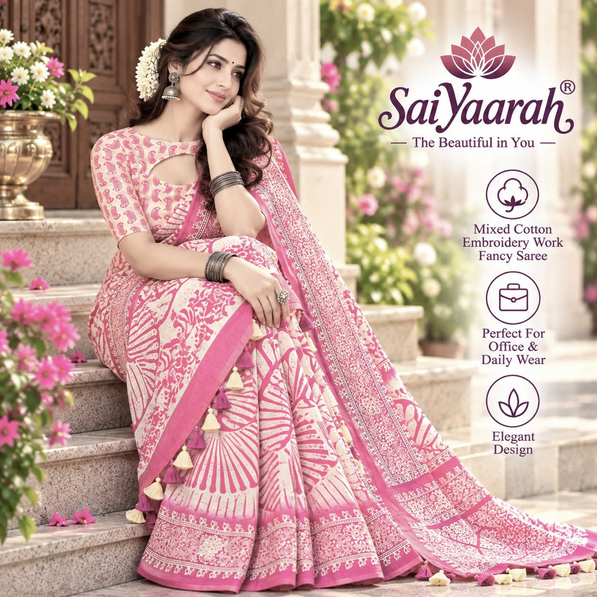 SaiYaarah – Mixed Cotton Embroidery Fancy Saree
